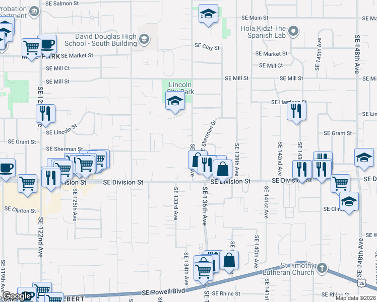 map of restaurants, bars, coffee shops, grocery stores, and more near 13506 Southeast Sherman Drive in Portland