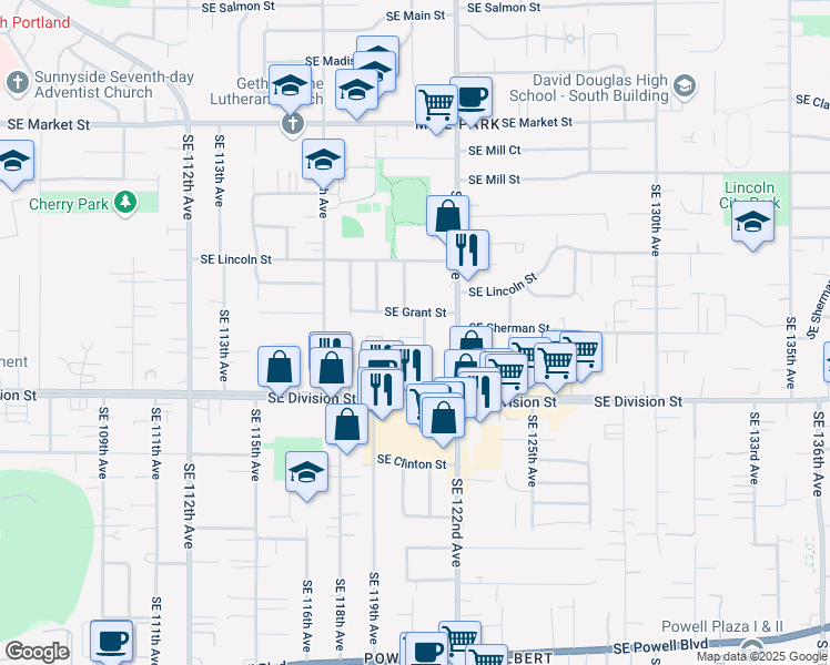map of restaurants, bars, coffee shops, grocery stores, and more near 2325 Southeast 121st Avenue in Portland