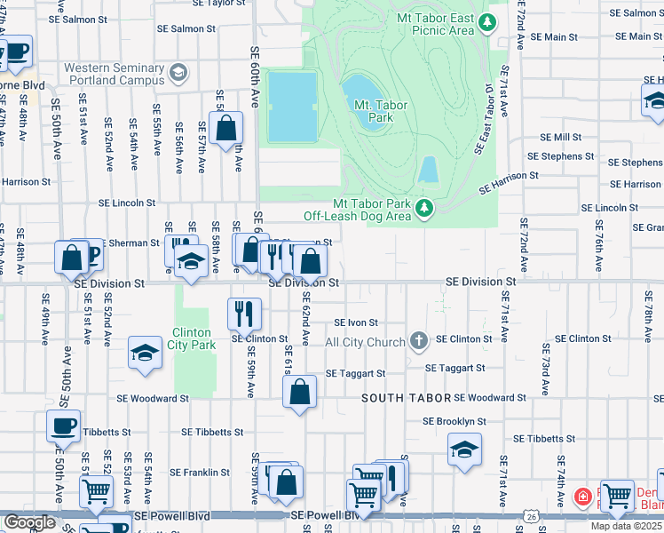 map of restaurants, bars, coffee shops, grocery stores, and more near in Portland