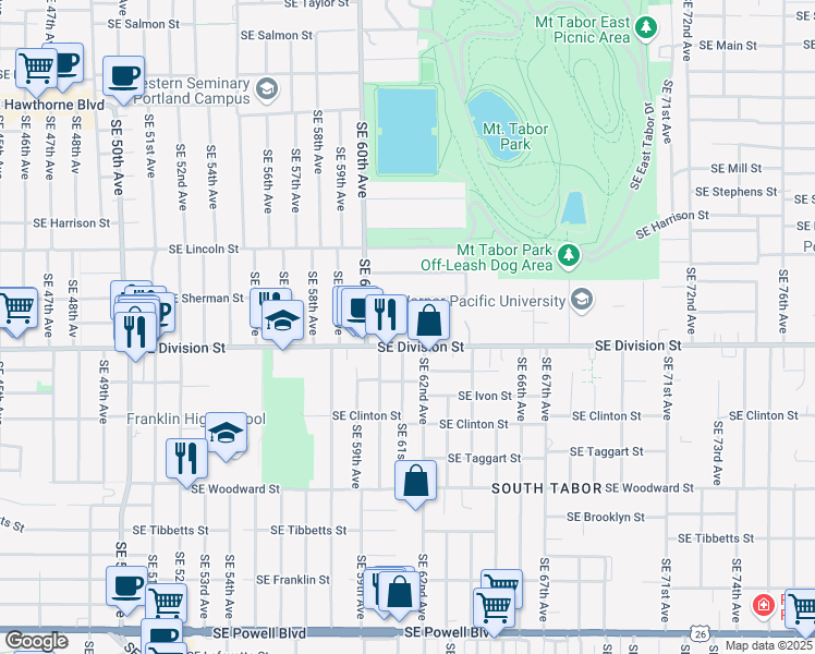 map of restaurants, bars, coffee shops, grocery stores, and more near 6130 Southeast Division Street in Portland