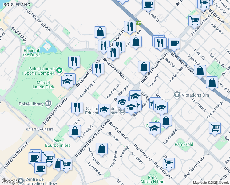 map of restaurants, bars, coffee shops, grocery stores, and more near 2322 Rue Frenette in Montréal