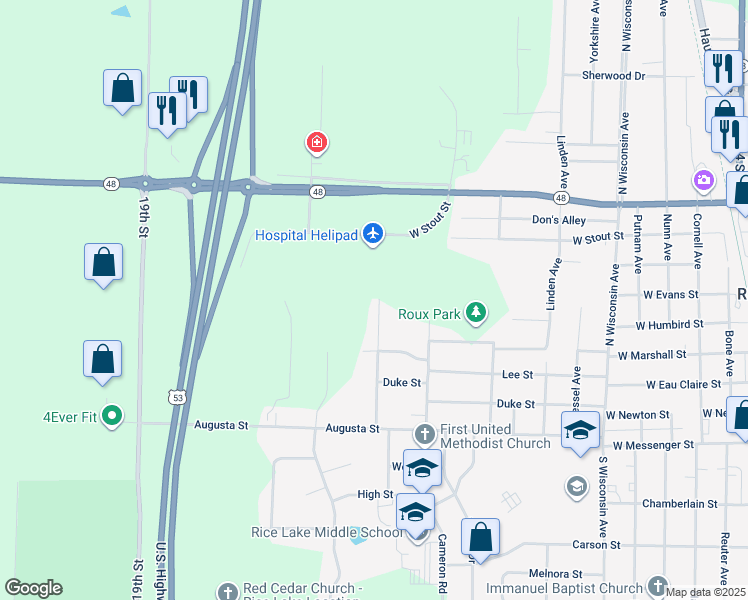 map of restaurants, bars, coffee shops, grocery stores, and more near 340 Gerland Road in Rice Lake