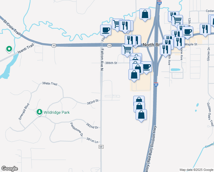 map of restaurants, bars, coffee shops, grocery stores, and more near 38607-38693 Falcon Avenue in North Branch