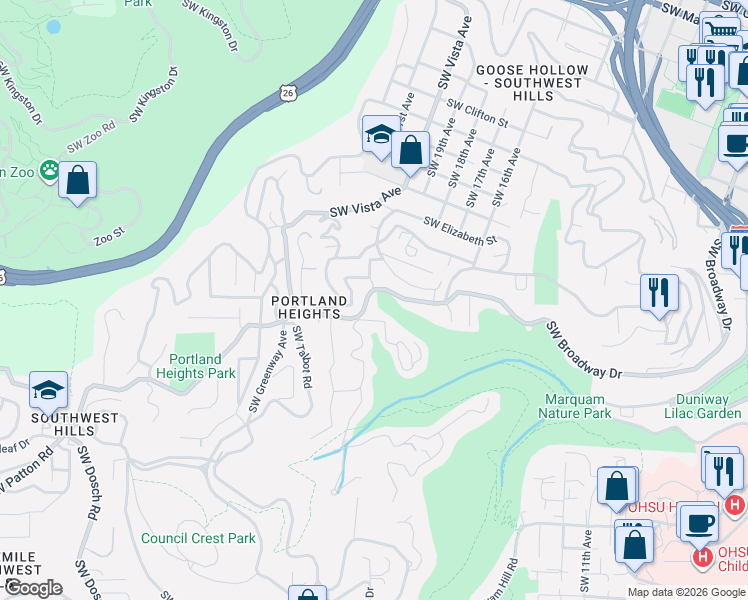 map of restaurants, bars, coffee shops, grocery stores, and more near 2210 Southwest Broadway Drive in Portland