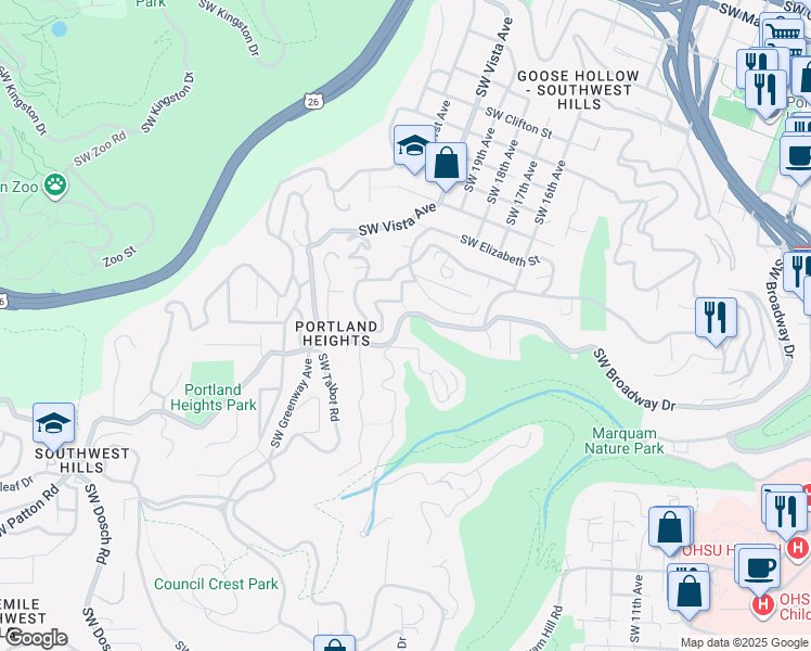 map of restaurants, bars, coffee shops, grocery stores, and more near 2210 Southwest Broadway Drive in Portland