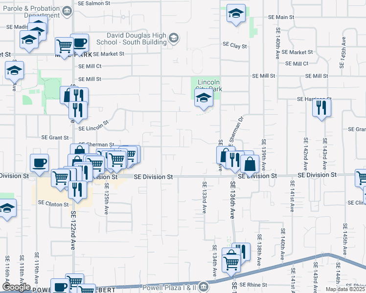 map of restaurants, bars, coffee shops, grocery stores, and more near 13117 Southeast Sherman Street in Portland