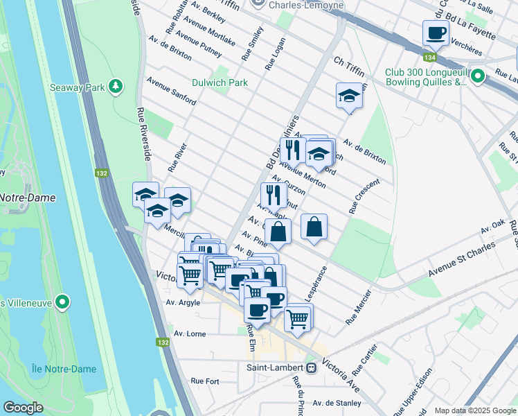 map of restaurants, bars, coffee shops, grocery stores, and more near 405 Avenue Maple in Saint-Lambert