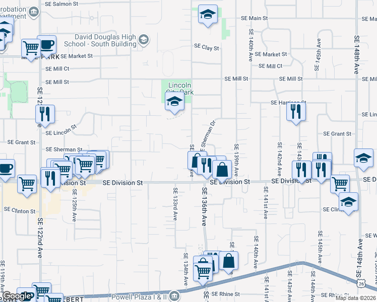 map of restaurants, bars, coffee shops, grocery stores, and more near 13506 Southeast Sherman Drive in Portland