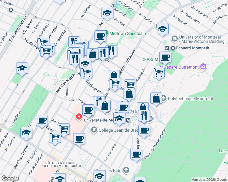 map of restaurants, bars, coffee shops, grocery stores, and more near 5639 Avenue Canterbury in Montréal