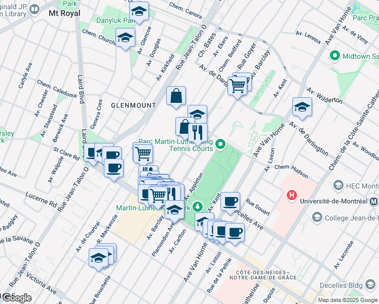 map of restaurants, bars, coffee shops, grocery stores, and more near 6655 Avenue Decelles in Montréal