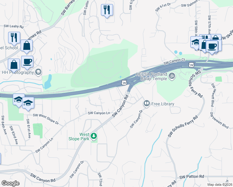 map of restaurants, bars, coffee shops, grocery stores, and more near 2121 Southwest Camelot Court in Portland