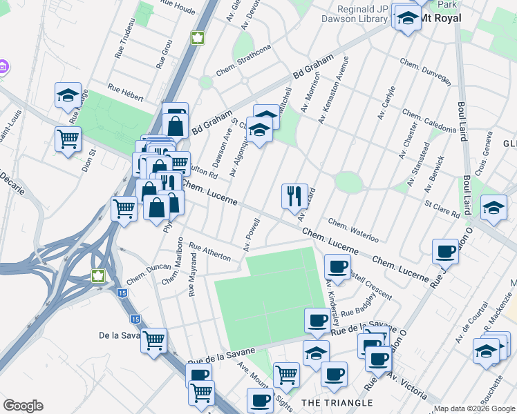 map of restaurants, bars, coffee shops, grocery stores, and more near 647 Avenue Powell in Mont-Royal