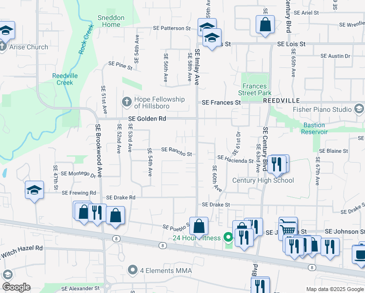 map of restaurants, bars, coffee shops, grocery stores, and more near 5765 Southeast Rancho Street in Hillsboro