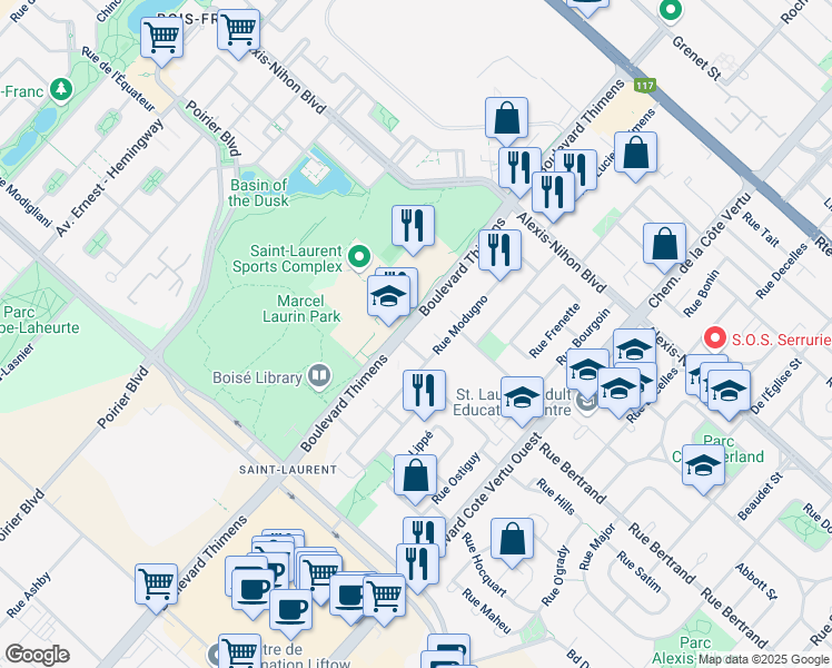map of restaurants, bars, coffee shops, grocery stores, and more near 2450 Boulevard Thimens in Montréal