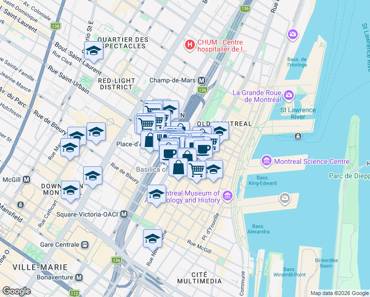 map of restaurants, bars, coffee shops, grocery stores, and more near 54 Rue Saint-Antoine Ouest in Montréal