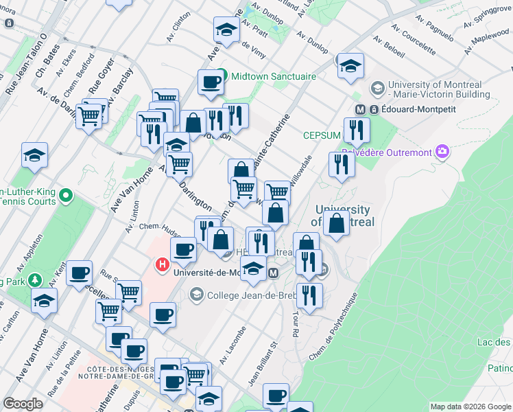 map of restaurants, bars, coffee shops, grocery stores, and more near in Montreal