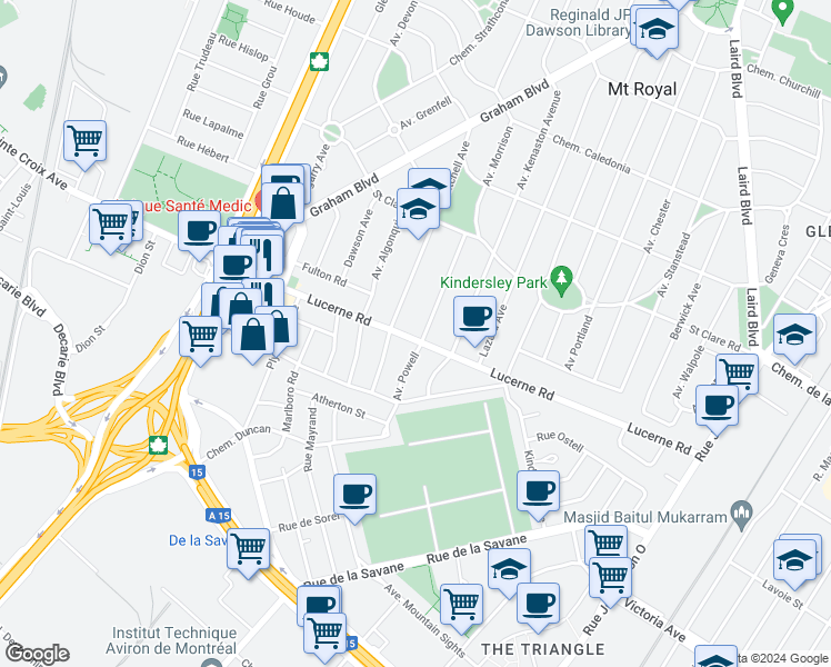 map of restaurants, bars, coffee shops, grocery stores, and more near 647 Avenue Powell in Mont-Royal