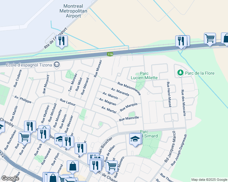 map of restaurants, bars, coffee shops, grocery stores, and more near 5927 Avenue Maranda in Longueuil