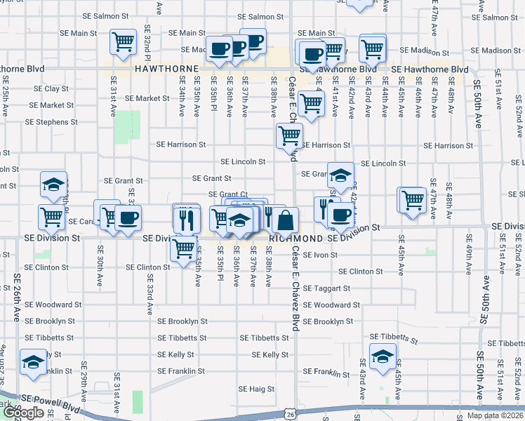 map of restaurants, bars, coffee shops, grocery stores, and more near 3746 Southeast Sherman Street in Portland