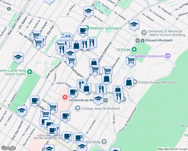 map of restaurants, bars, coffee shops, grocery stores, and more near 5639 Avenue Canterbury in Montréal