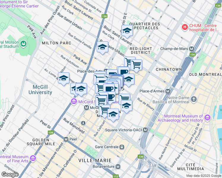 map of restaurants, bars, coffee shops, grocery stores, and more near 372 Saint-Catherine Street West in Montreal