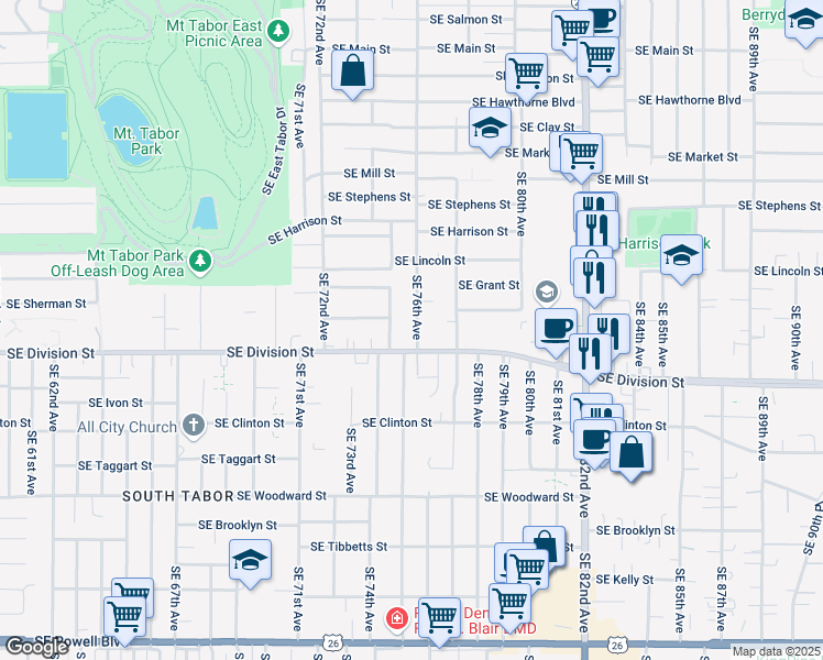 map of restaurants, bars, coffee shops, grocery stores, and more near 7457 Southeast Division Street in Portland