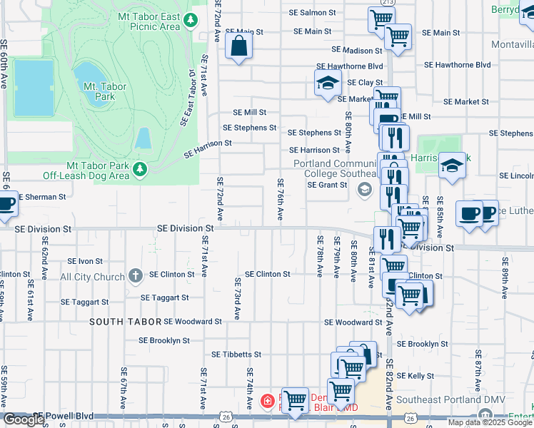 map of restaurants, bars, coffee shops, grocery stores, and more near 7457 Southeast Division Street in Portland