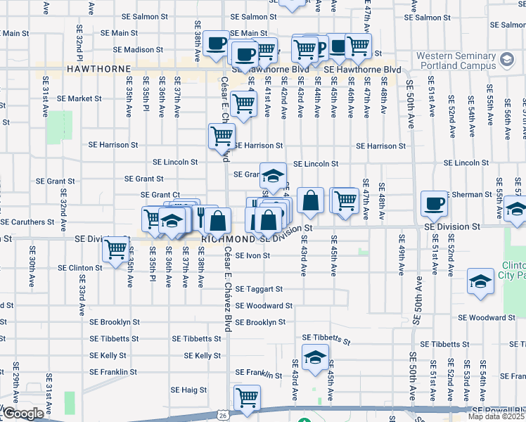 map of restaurants, bars, coffee shops, grocery stores, and more near 2333 Southeast 41st Avenue in Portland