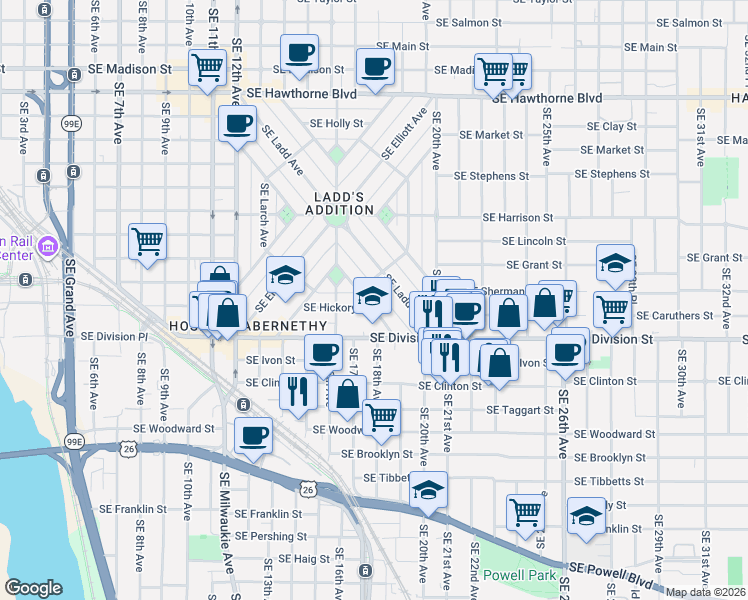map of restaurants, bars, coffee shops, grocery stores, and more near 2422 Southeast Tamarack Avenue in Portland