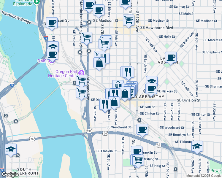 map of restaurants, bars, coffee shops, grocery stores, and more near 2425 Southeast 8th Avenue in Portland