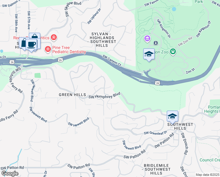 map of restaurants, bars, coffee shops, grocery stores, and more near 4520 Southwest Humphrey Court in Portland
