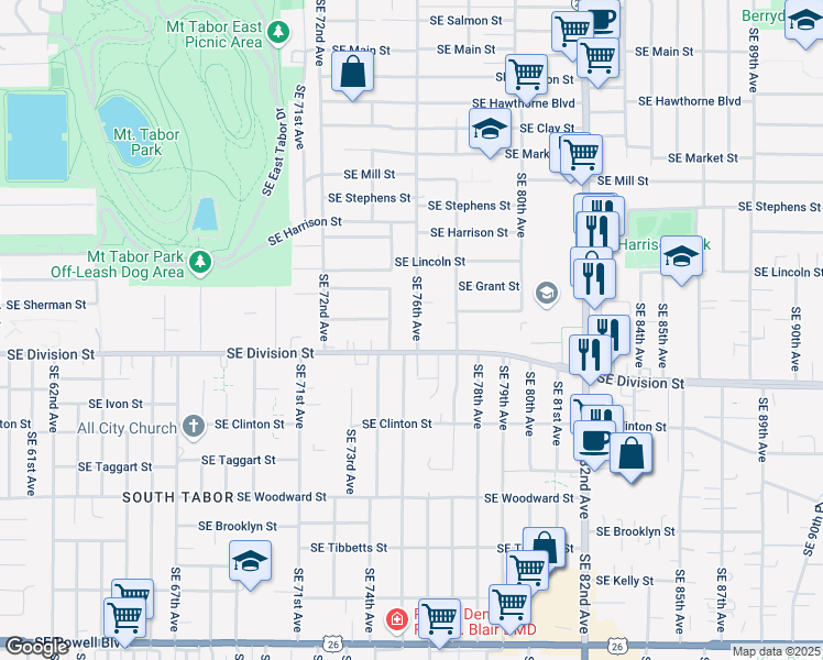 map of restaurants, bars, coffee shops, grocery stores, and more near 7457 Southeast Division Street in Portland