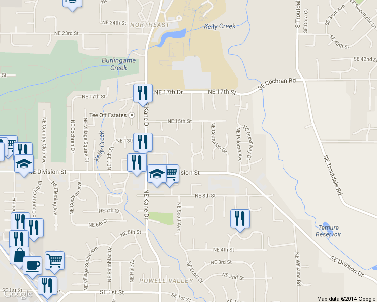 map of restaurants, bars, coffee shops, grocery stores, and more near 1185 Northeast Hacienda Lane in Gresham