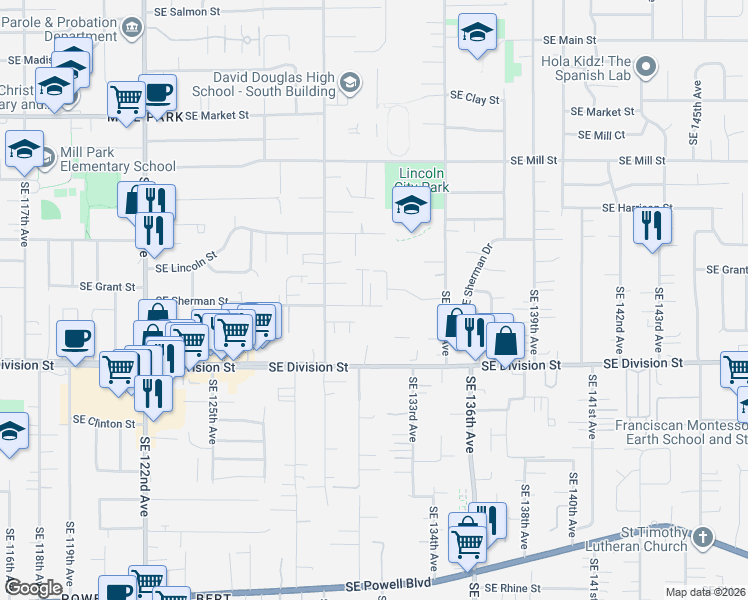 map of restaurants, bars, coffee shops, grocery stores, and more near 13125 Southeast Sherman Street in Portland