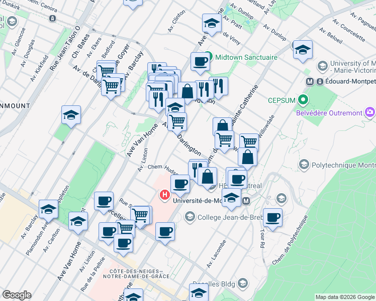 map of restaurants, bars, coffee shops, grocery stores, and more near 5760 Avenue de Darlington in Montréal