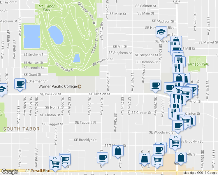 map of restaurants, bars, coffee shops, grocery stores, and more near 2347 Southeast 72nd Avenue in Portland