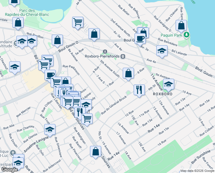 map of restaurants, bars, coffee shops, grocery stores, and more near 7 Rue in Montréal