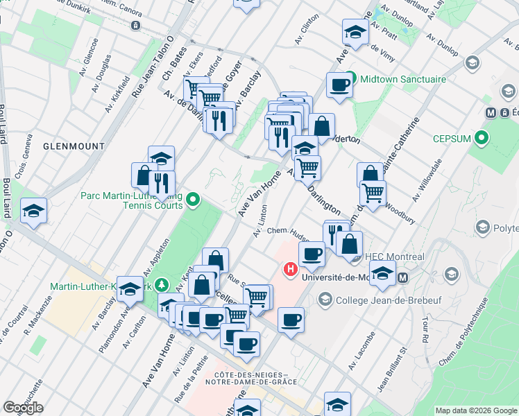 map of restaurants, bars, coffee shops, grocery stores, and more near 3025 Avenue Linton in Montréal