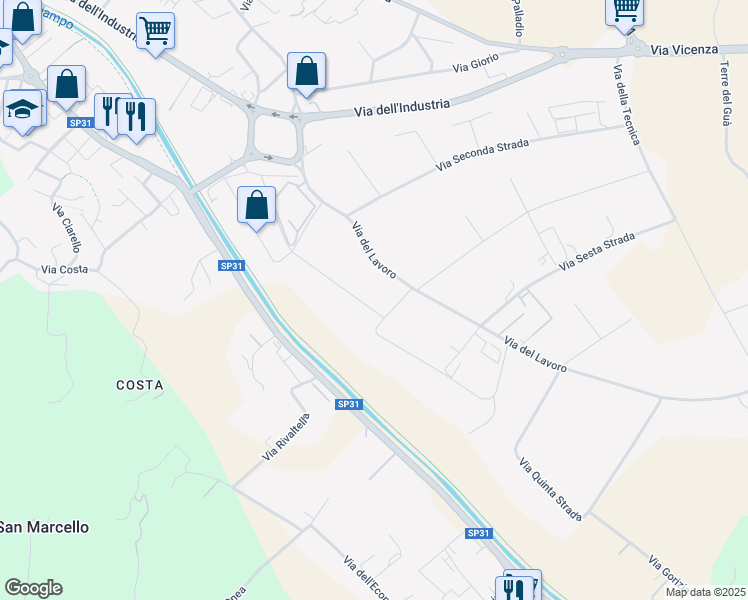 map of restaurants, bars, coffee shops, grocery stores, and more near 74 Via della Concia in Arzignano
