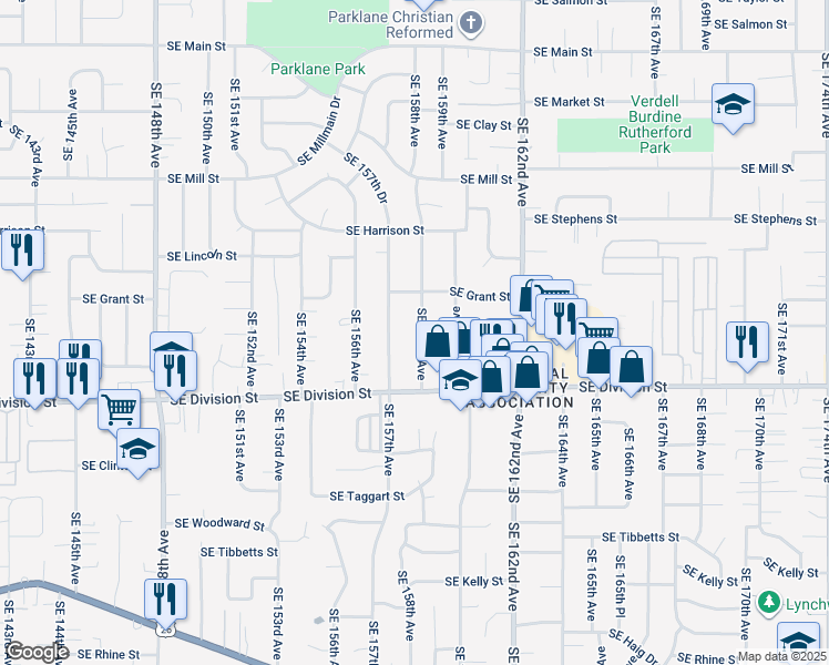 map of restaurants, bars, coffee shops, grocery stores, and more near 2327 Southeast 158th Avenue in Portland