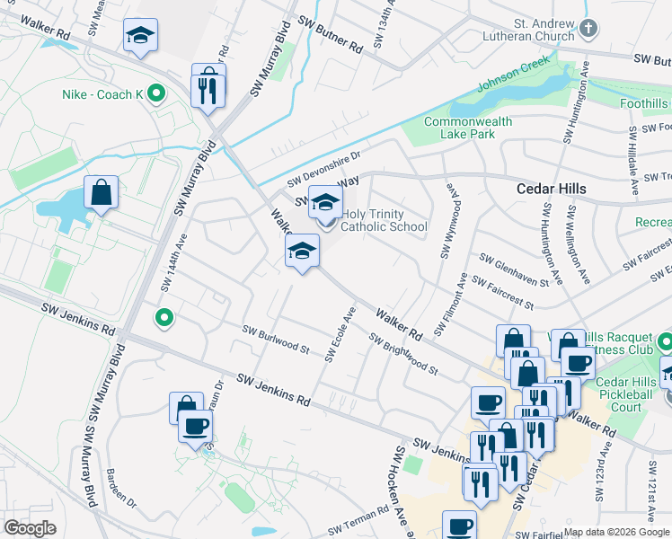 map of restaurants, bars, coffee shops, grocery stores, and more near 13565 Southwest Walker Road in Beaverton