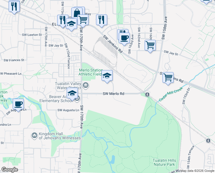 map of restaurants, bars, coffee shops, grocery stores, and more near 1841 Southwest Merlo Drive in Beaverton