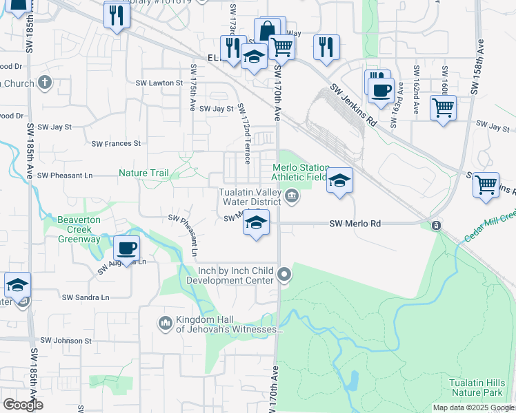 map of restaurants, bars, coffee shops, grocery stores, and more near 17060 Southwest Merlo Road in Beaverton