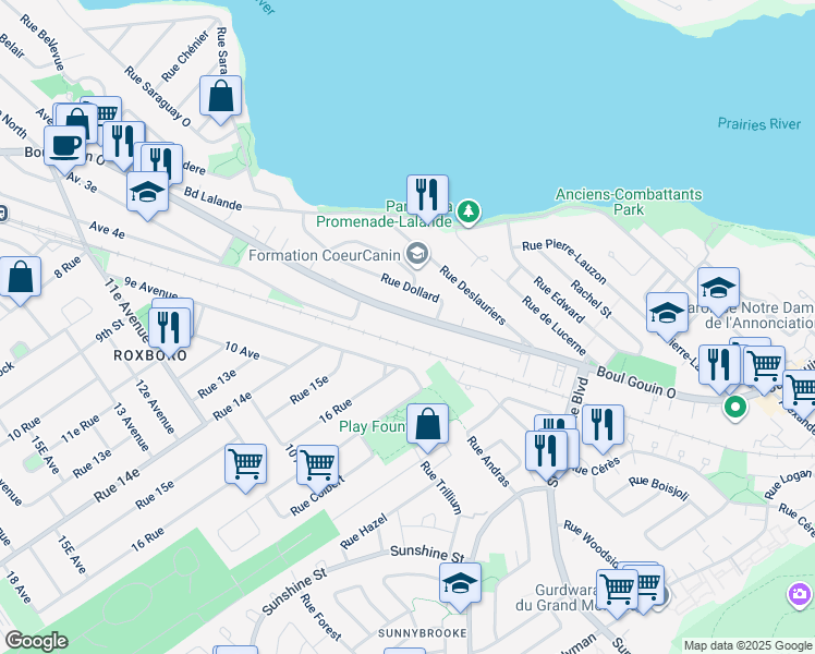 map of restaurants, bars, coffee shops, grocery stores, and more near 9880 Boulevard Gouin Ouest in Montréal