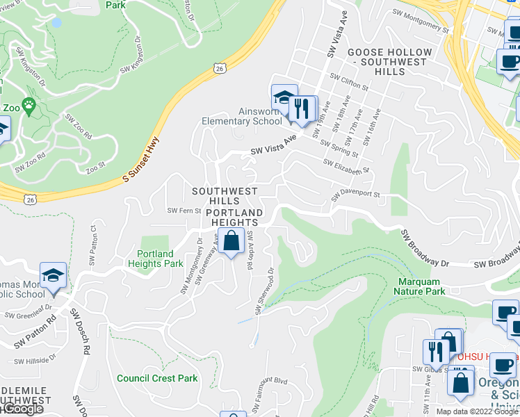 map of restaurants, bars, coffee shops, grocery stores, and more near 2670 Southwest Ravensview Drive in Portland