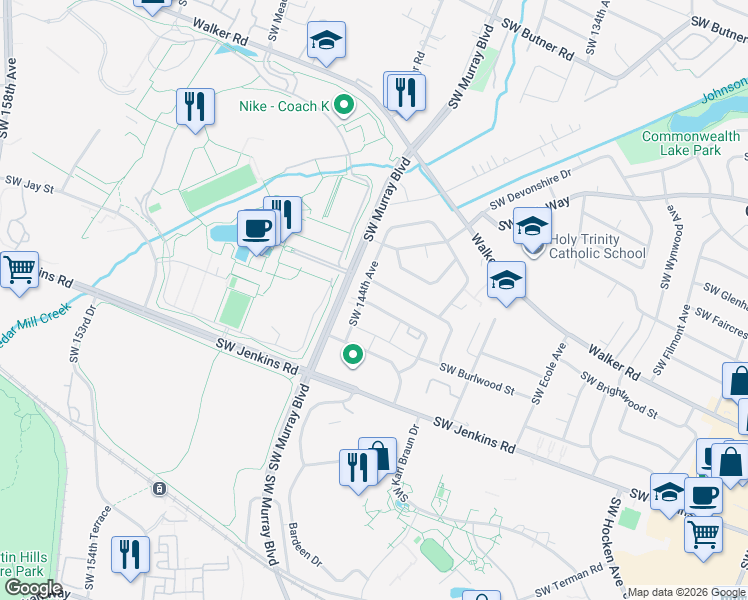 map of restaurants, bars, coffee shops, grocery stores, and more near 14380 Southwest Burlwood Street in Beaverton