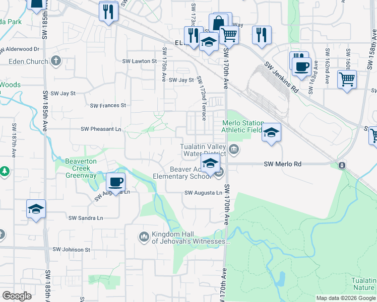 map of restaurants, bars, coffee shops, grocery stores, and more near 17270 Southwest Merlo Road in Beaverton