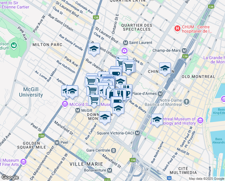 map of restaurants, bars, coffee shops, grocery stores, and more near 1254 Rue de Bleury in Montréal