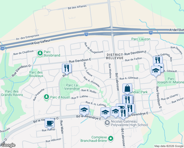 map of restaurants, bars, coffee shops, grocery stores, and more near 432 Rue P.-Labine in Gatineau