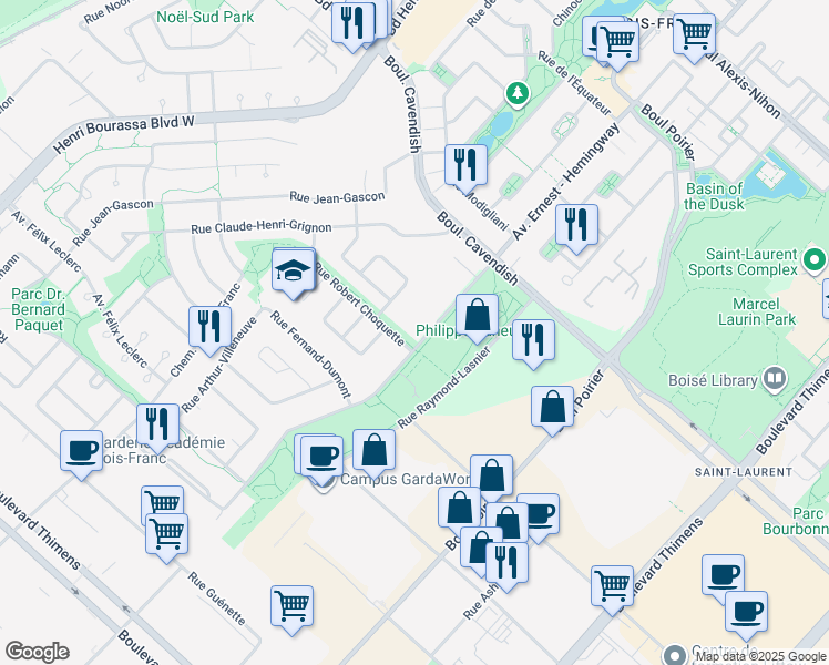 map of restaurants, bars, coffee shops, grocery stores, and more near 3175 Avenue Ernest - Hemingway in Montréal